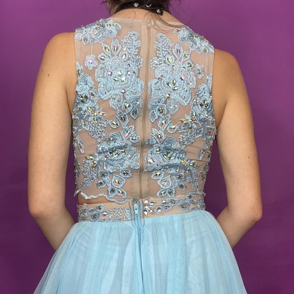 y2k vintage prom dress 2 pc set pastel blue tulle rhinestone embellished XS - Picture 3 of 10